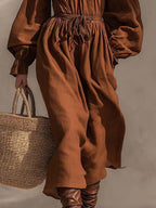 Burnt Caramel Off-Shoulder Boho Maxi Dress