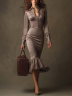 Mushroom Taupe Lace-Trim Ruched Midi Dress