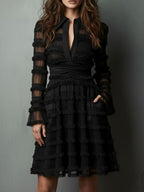Quiet Luxury Black Fringe Textured Sheer Layered Dress