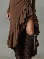 Ruffled High-Low Zip Midi Dress