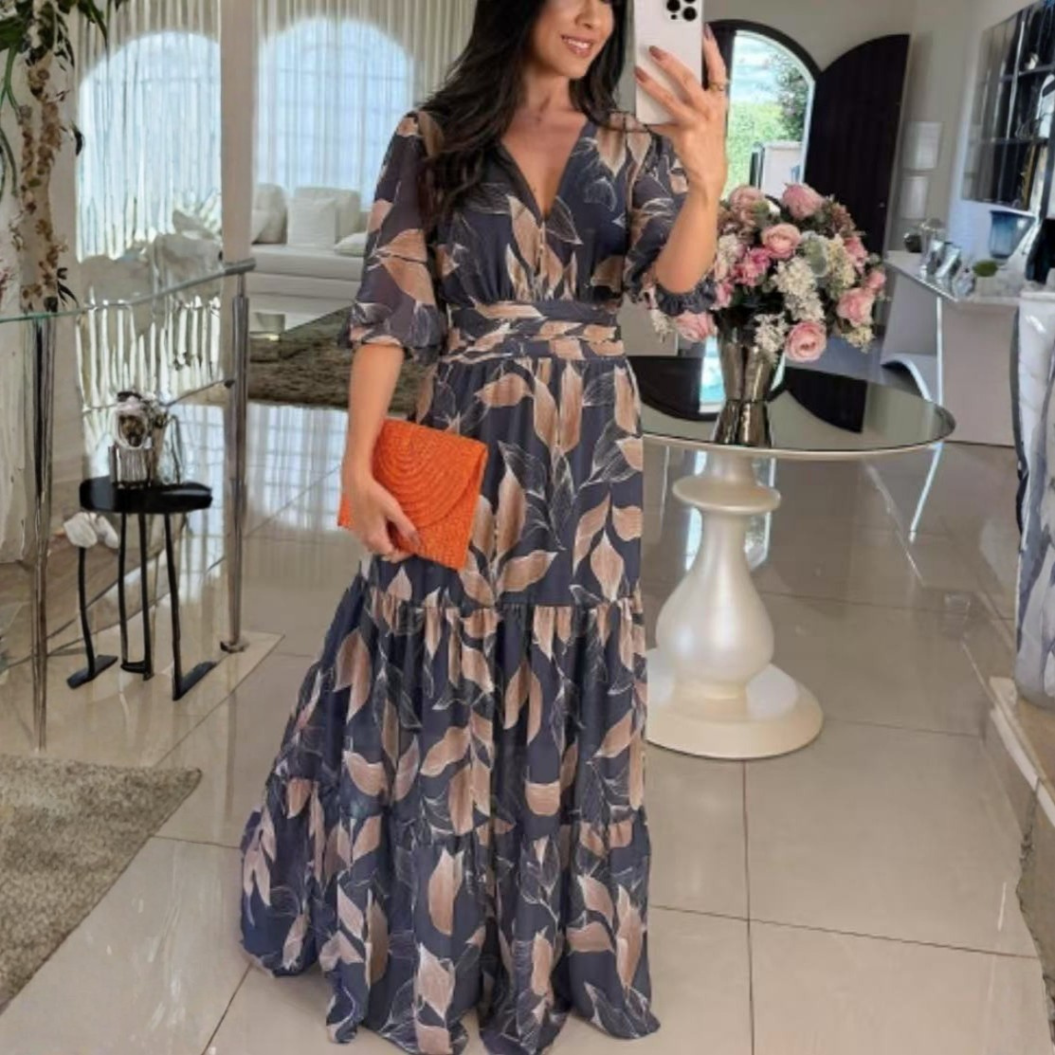 Bell™| Elegant V-Neck Puff Sleeve Maxi Dress
