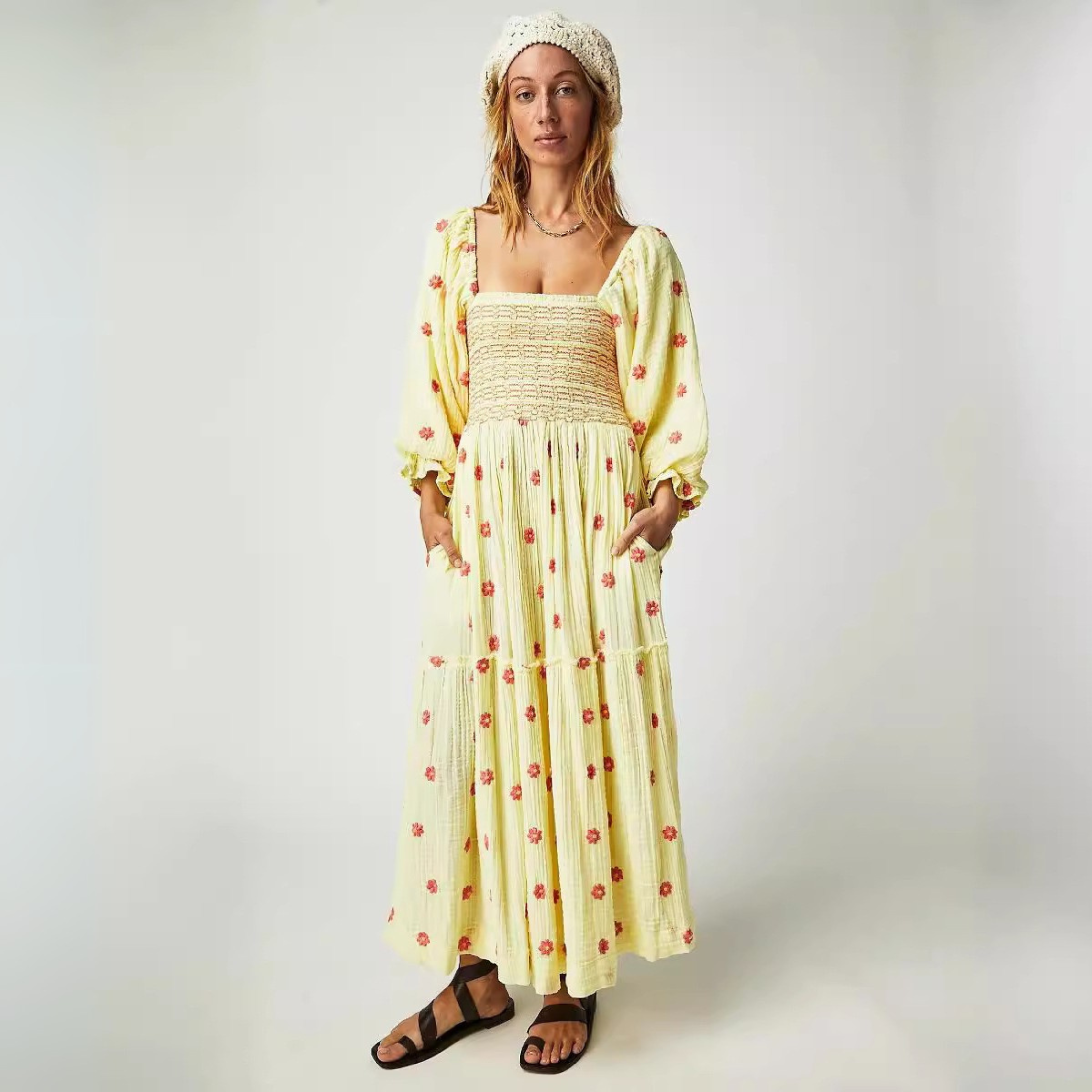 Moira™| Comfy Floral Lantern Sleeve Square Neck Maxi Dress