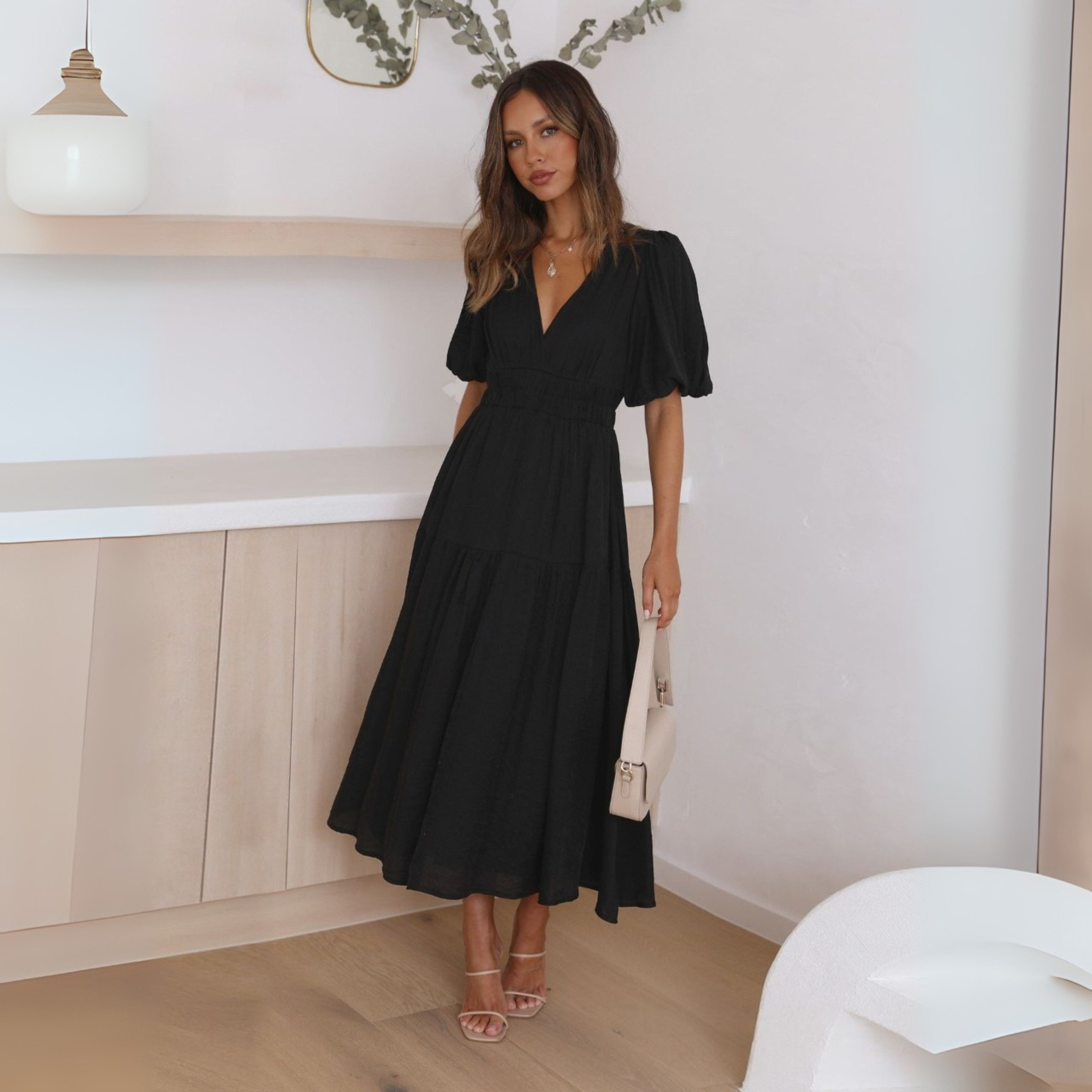 Namu™ | Classy V-Neck Long Sleeve A-Line Maxi Dress
