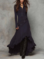 Washed Cotton Ruffle Hem Maxi Dress