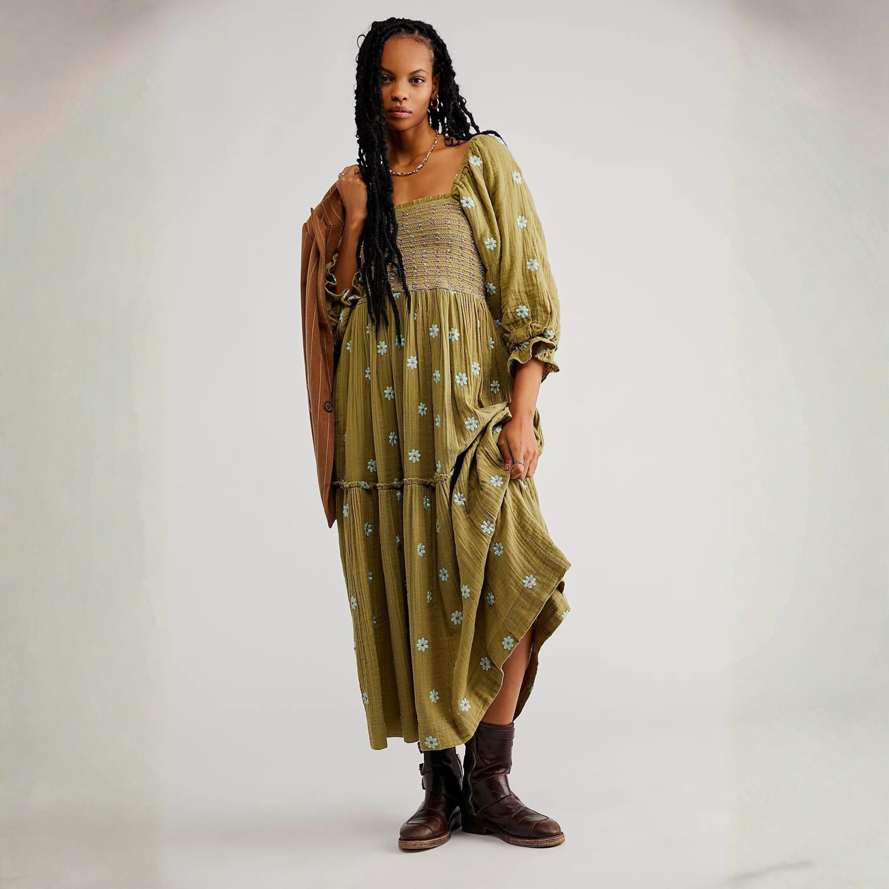 Moira™| Comfy Floral Lantern Sleeve Square Neck Maxi Dress