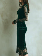 Elegant Green Velvet Long Sleeve Lace Midi Dress