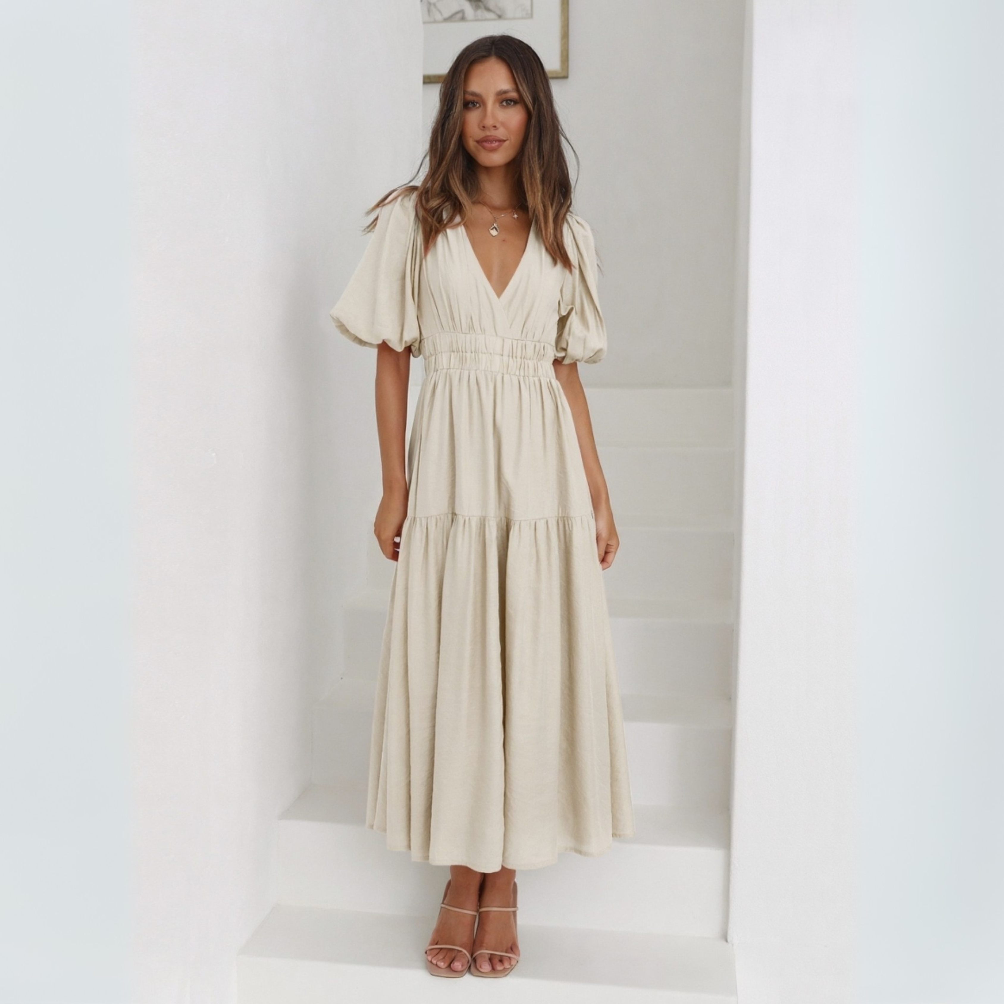 Namu™ | Classy V-Neck Long Sleeve A-Line Maxi Dress