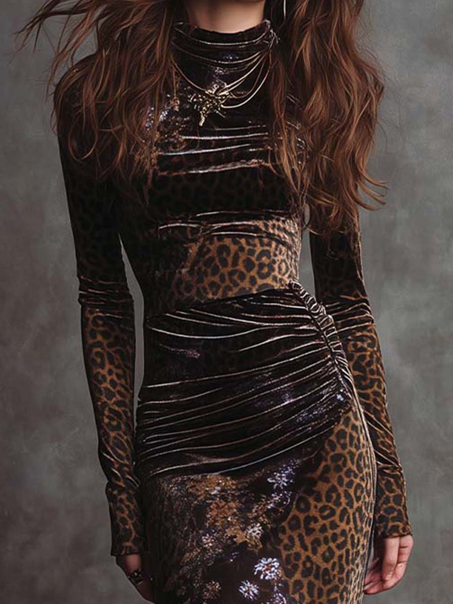 Retro Gothic Leopard Print And Floral Patchwork Velvet Midi Dress