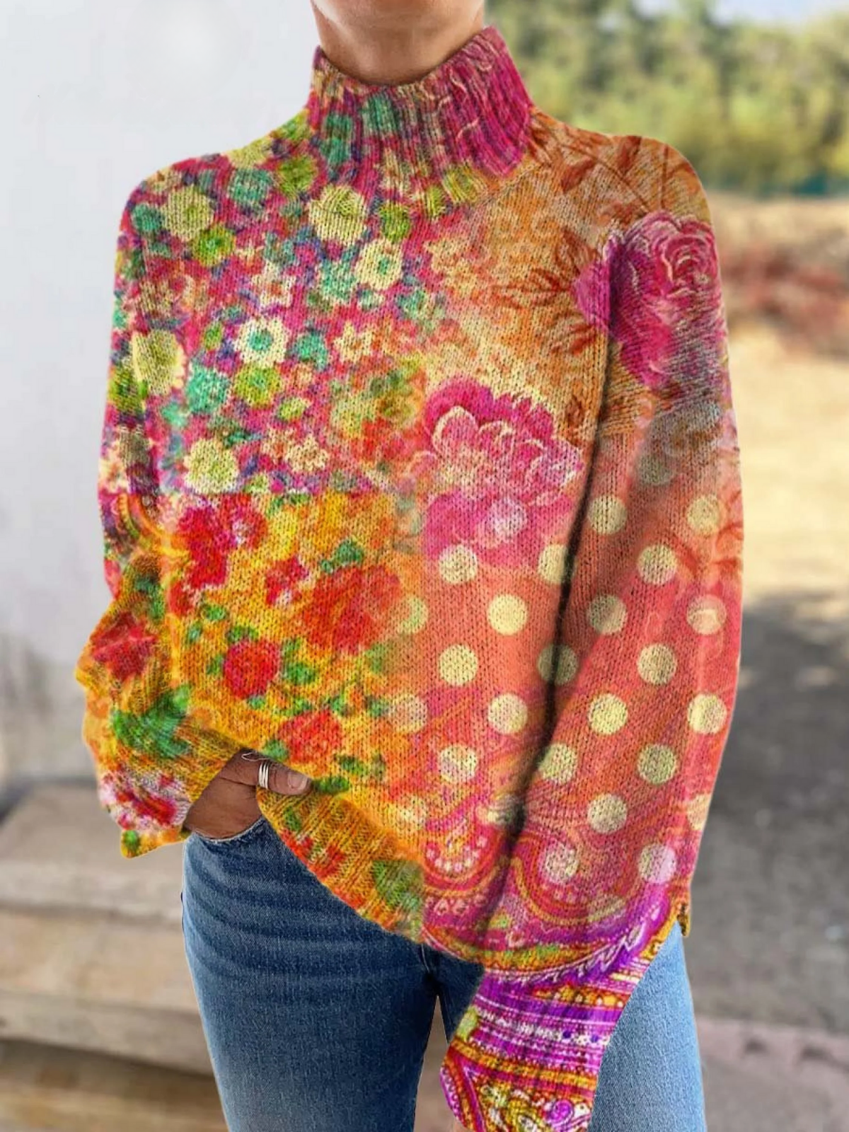 Lynette | Floral polka dot print turtleneck sweater