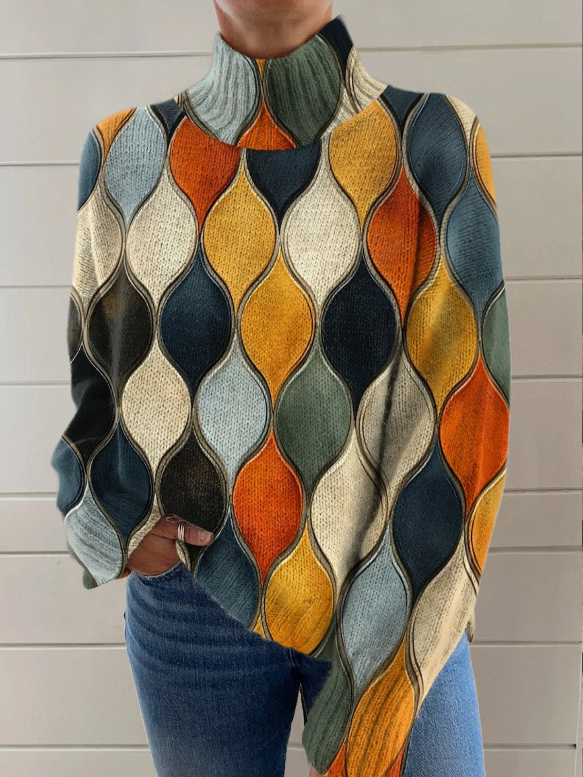 Melinda | Abstract wavy line and oval pattern turtleneck sweater