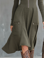 Vintage Zipper Neck Pocket Knit Midi Dress