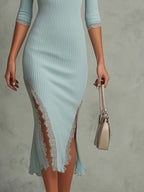 Vintage Lace-trimmed Hem Ribbed Midi Dress