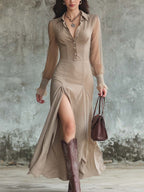 Retro Sheer Sleeves Polyester Suede Split Hem Midi Dress