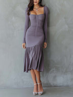 Ruched Square-Neck Velvet Midi Dress